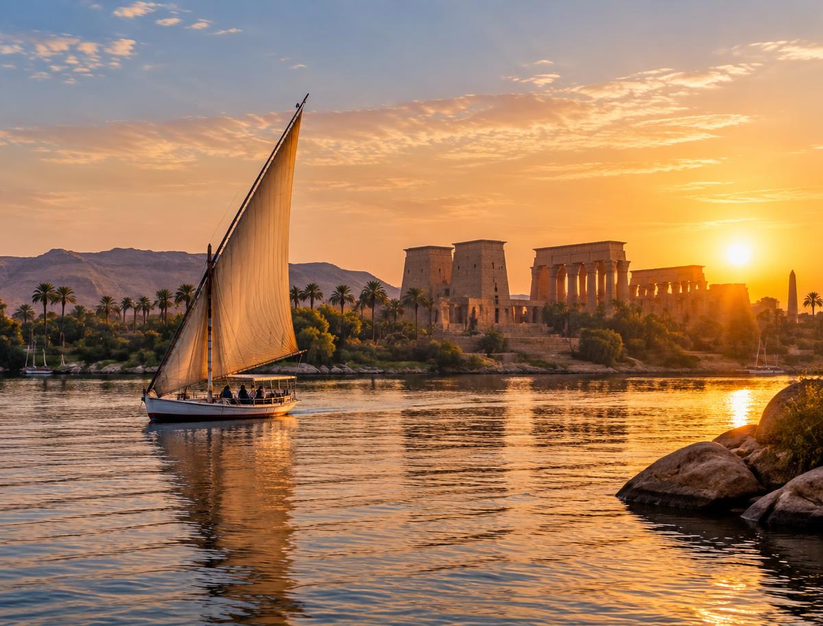 Felouque sur le Nil au coucher du soleil en Égypte