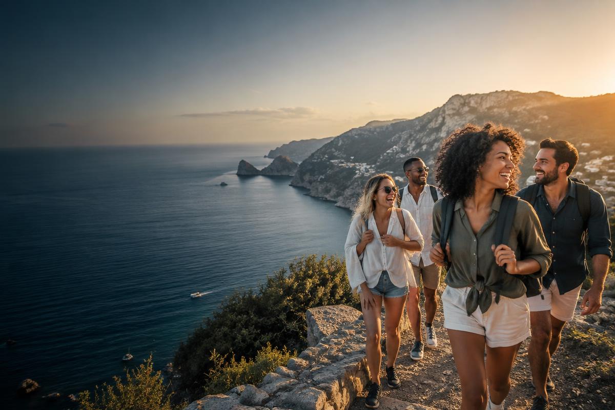 Groupe d’amis découvrant ensemble un paysage côtier