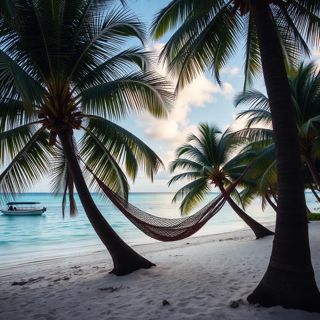 Plage tropicale ensoleillée avec hamac entre deux palmiers en janvier