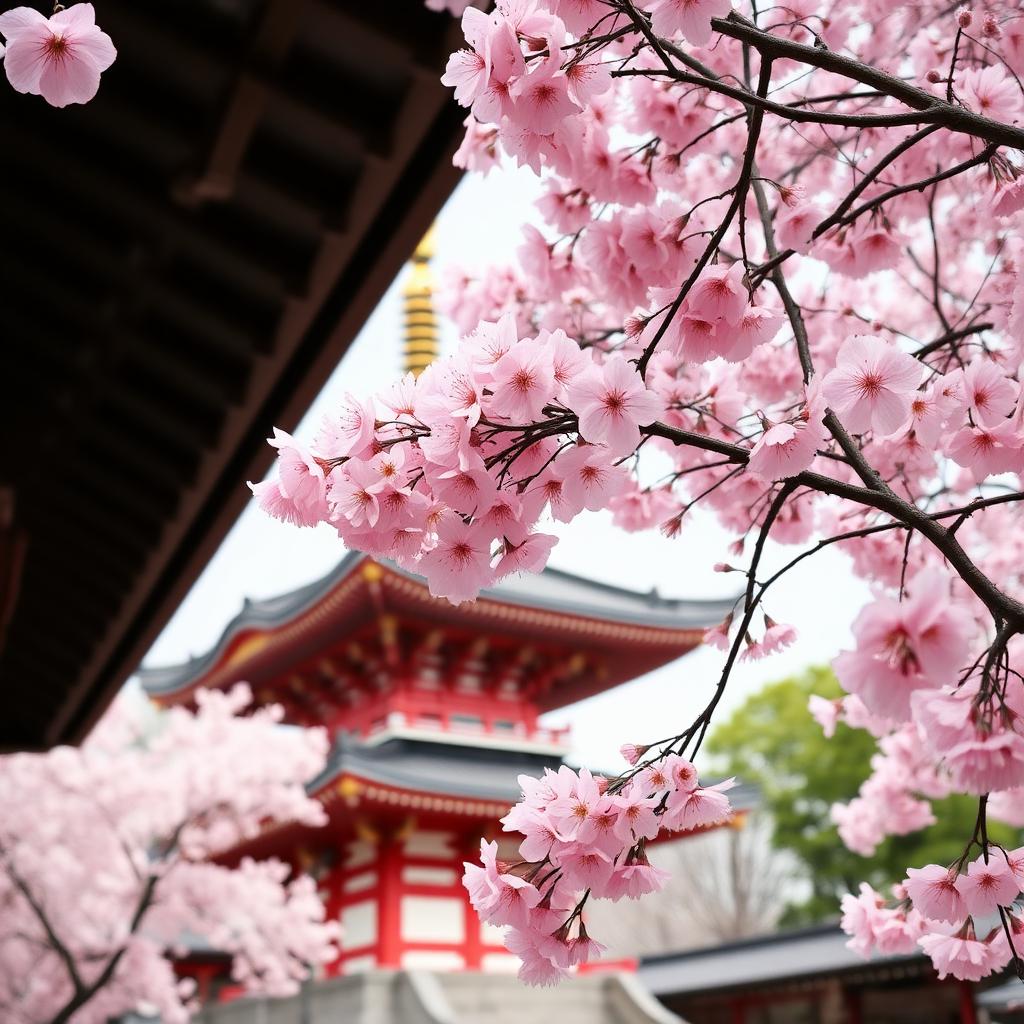 Cerisiers en fleurs roses devant un temple traditionnel au Japon en mars