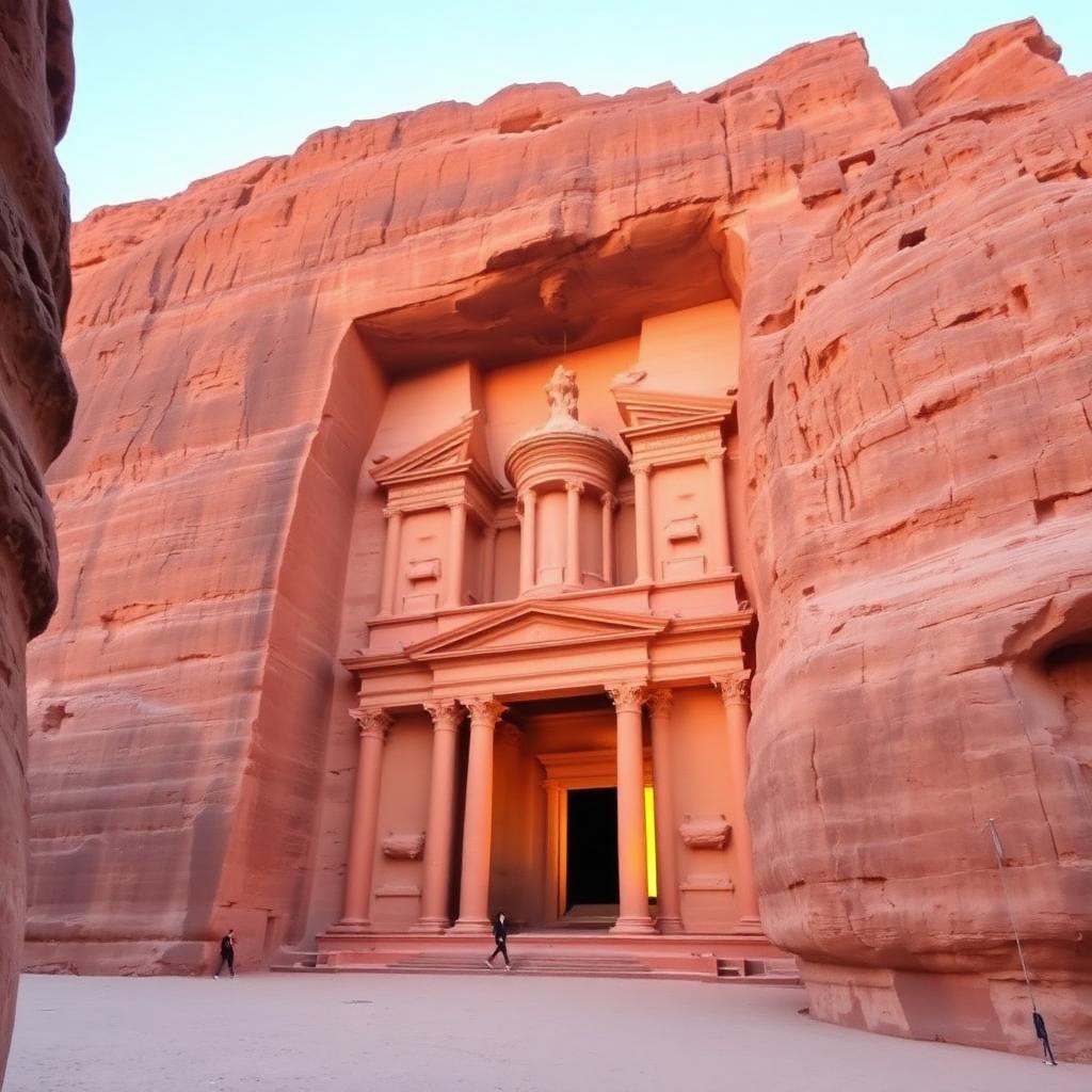 Façade du Trésor de Petra en Jordanie au coucher du soleil en mars