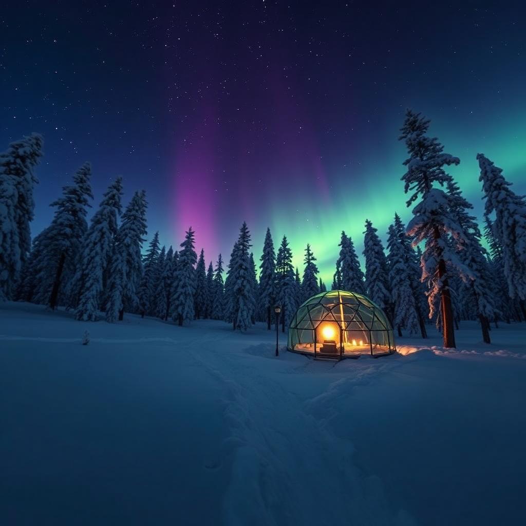 Aurores boréales au-dessus d'un igloo de verre en Laponie en février