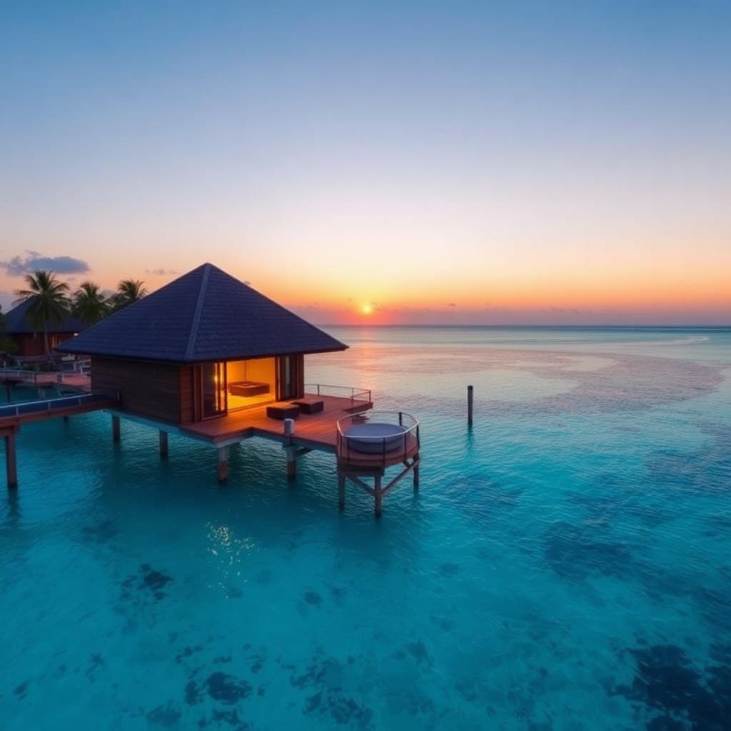 Villa sur pilotis face au coucher de soleil aux Maldives en février