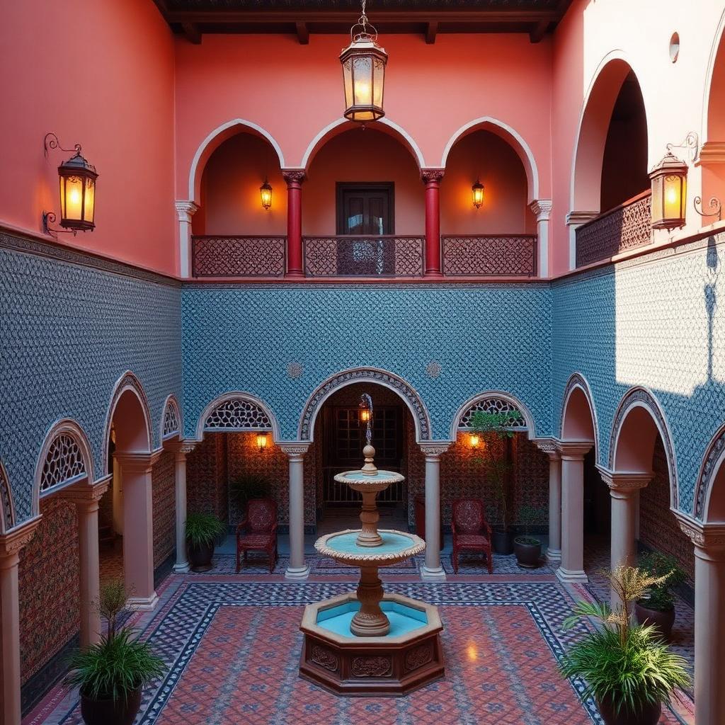 Patio d'un riad marocain à Marrakech avec zelliges et fontaine en février
