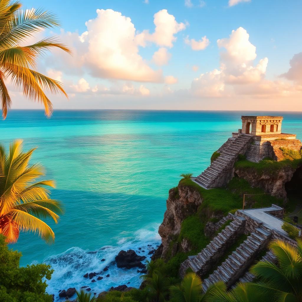 Ruines mayas de Tulum surplombant la mer des Caraïbes au Mexique en janvier