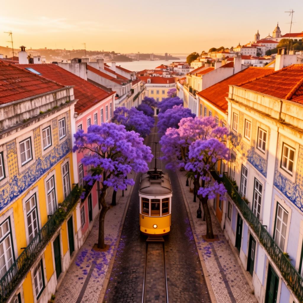 Tramway jaune dans une rue colorée de Lisbonne au Portugal en mars