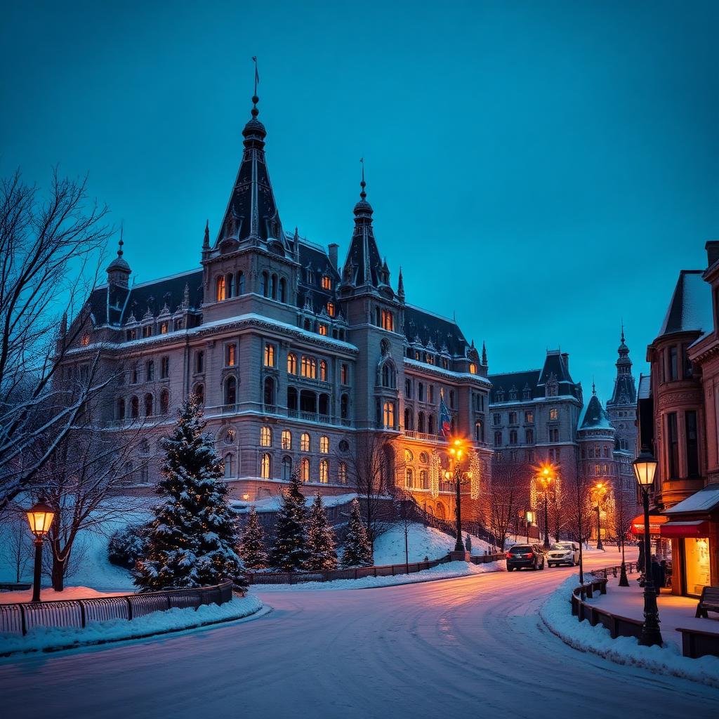 Vieux-Québec enneigé avec le Château Frontenac illuminé en février