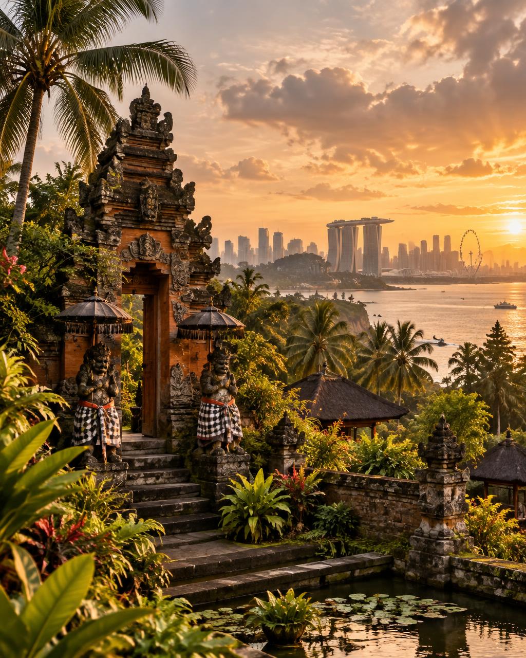 Temple balinais et silhouette contemporaine de Singapour au soleil couchant