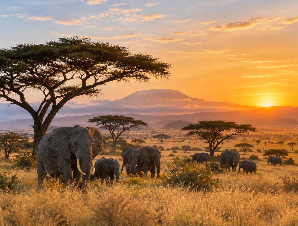 Éléphants dans la savane de Tanzanie au coucher du soleil