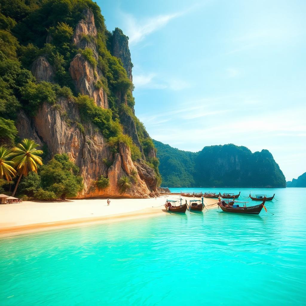 Plage thaïlandaise avec longtail boats et falaises calcaires en février