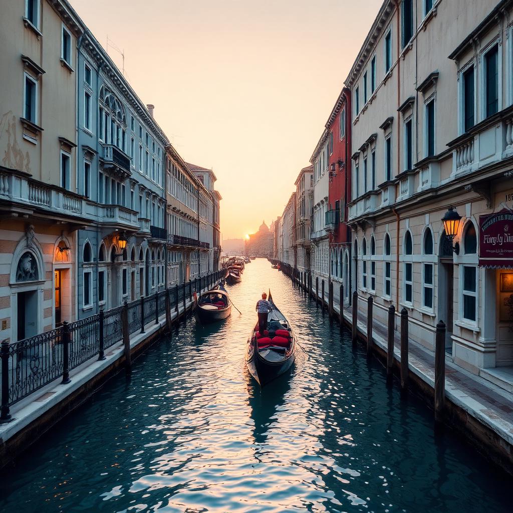 Gondole sur le Grand Canal de Venise au coucher du soleil en février