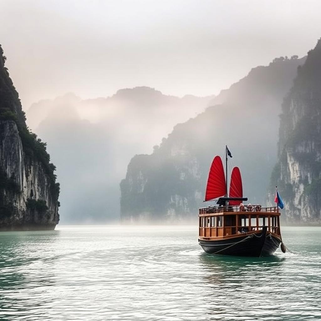 Jonque traditionnelle dans la baie d'Halong au Vietnam en mars